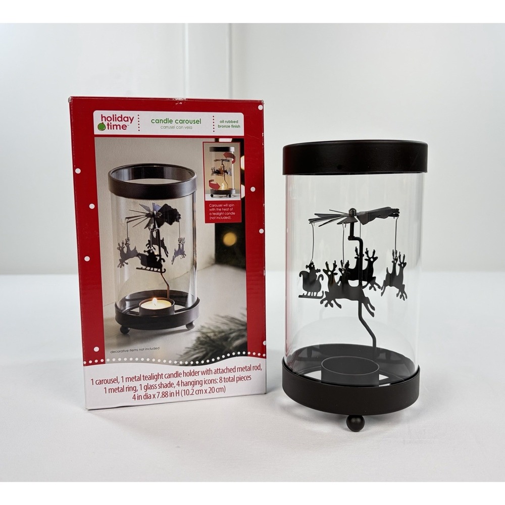 Holiday Time Candle Carousel Reindeer Santa Spinning Tealight Holder Christmas